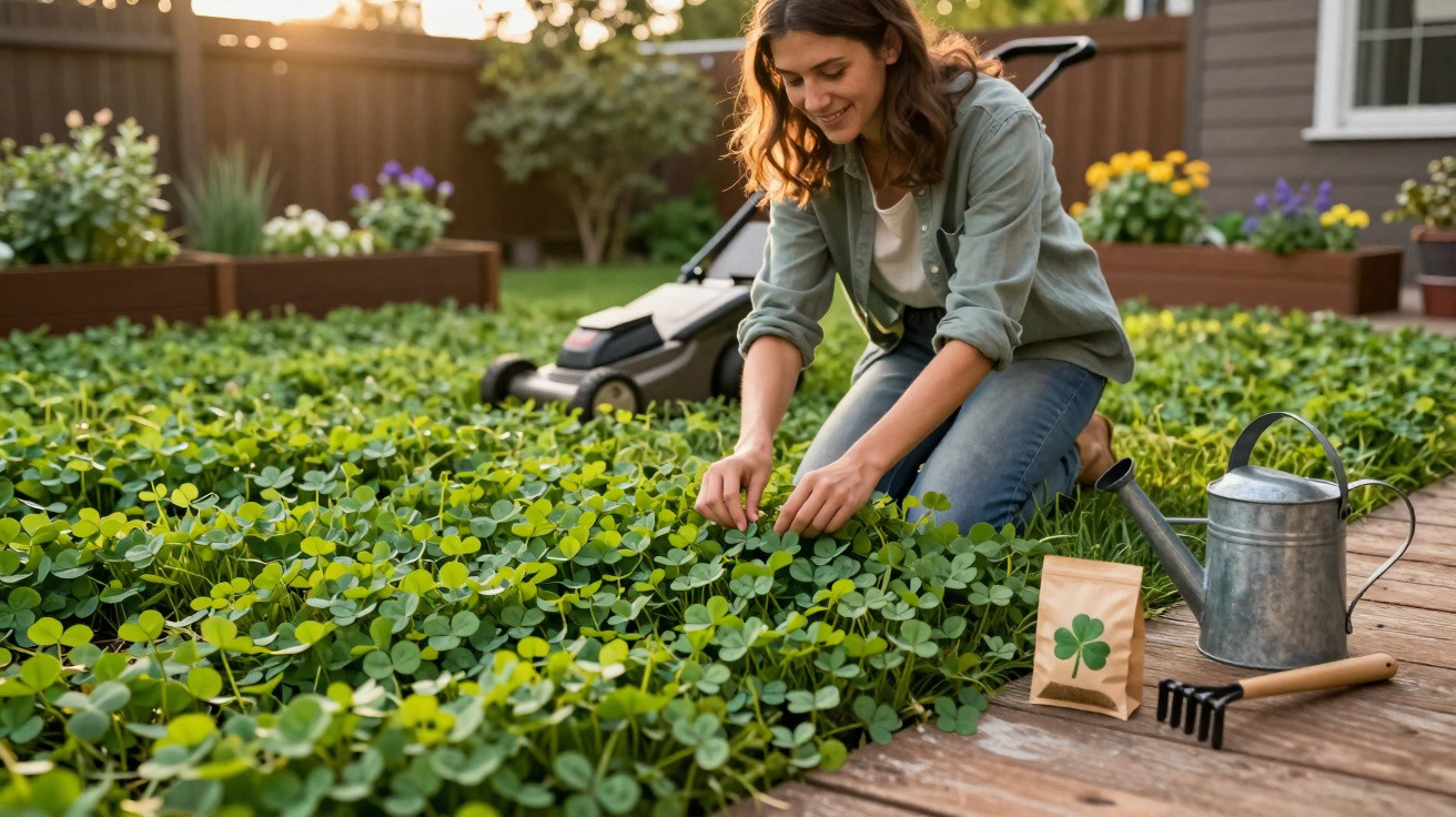 Mulher cuidando de plantas trevo em jardim, com regador, saco de sementes e ferramentas ao lado.