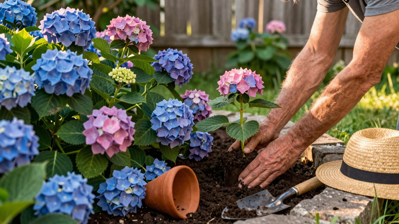 Pessoa plantando hortênsia rosa e azul em canteiro de jardim ensolarado com chapéu de palha ao lado.