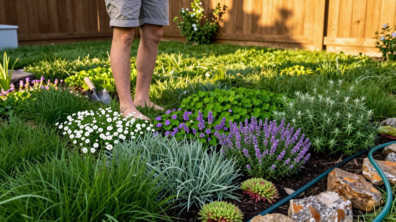 Jardim com várias plantas floridas e verde, com uma pessoa de bermuda e pés descalços em pé sobre a grama.