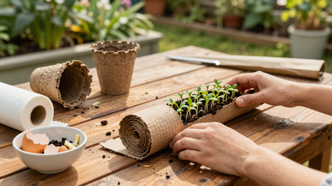 Mãos cuidando de mudas em papel biodegradável sobre mesa de madeira com jardinagem ao fundo.