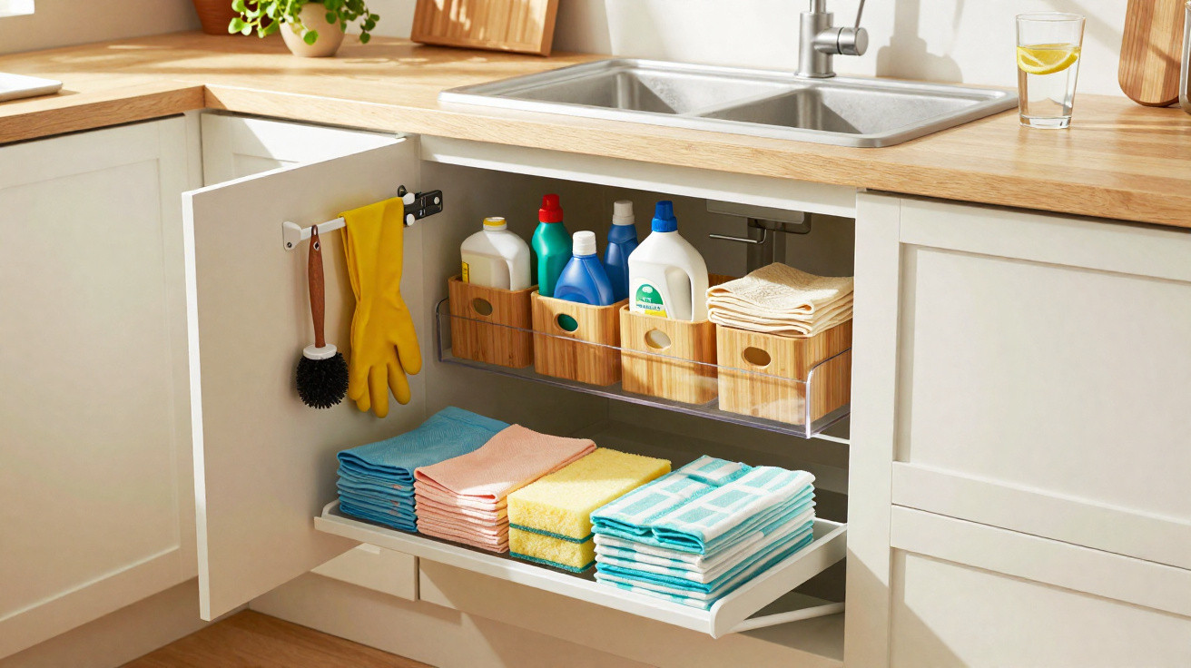 Armário de cozinha aberto com produtos de limpeza, panos coloridos e esponjas organizados.