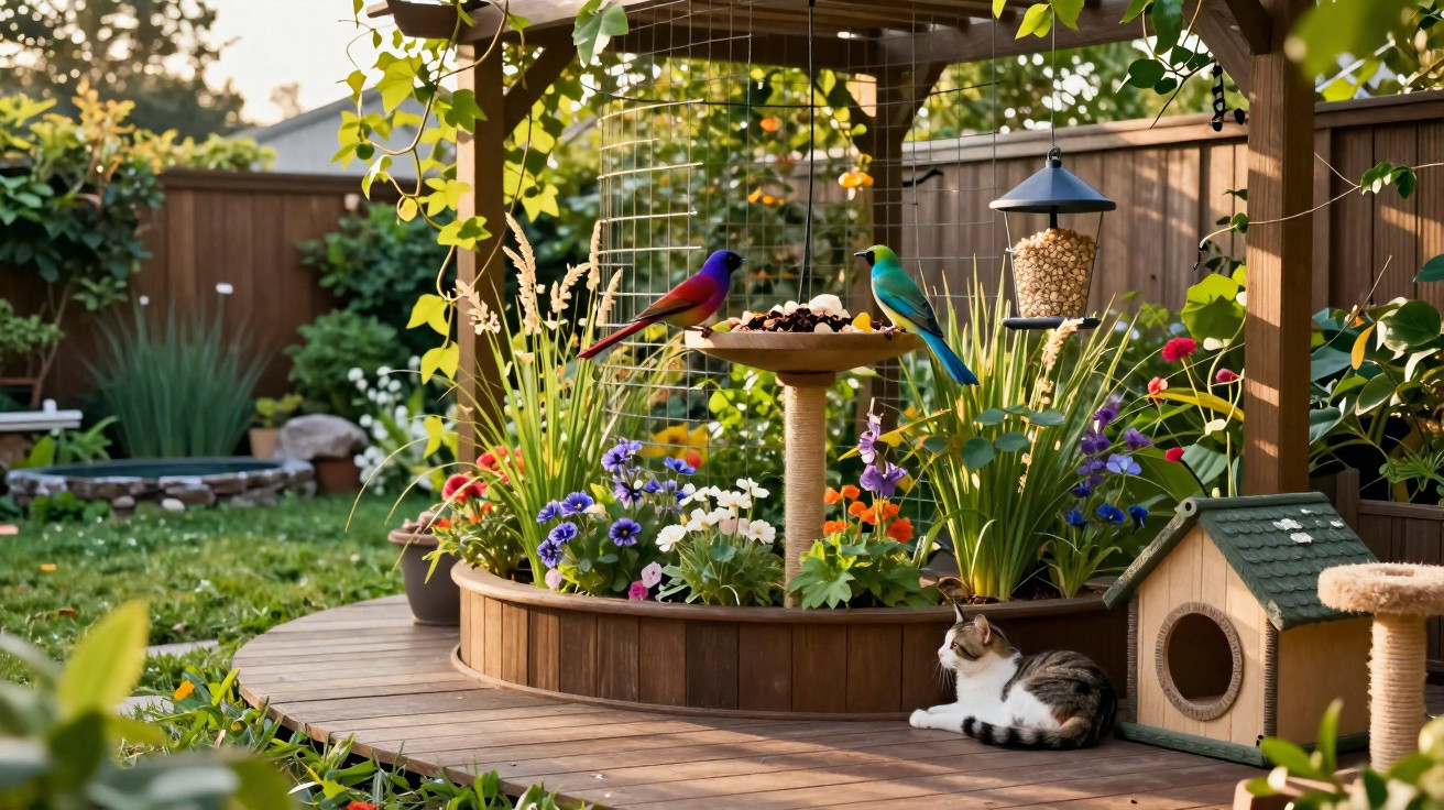 Jardim com pássaros coloridos em comedouro, flores e gato observando no chão próximo a casinha.