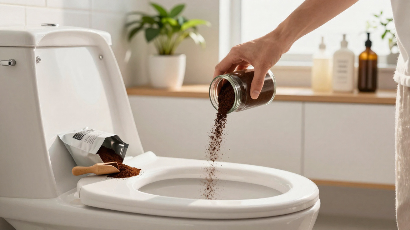 Pessoa despejando borra de café no vaso sanitário branco em banheiro moderno iluminado.