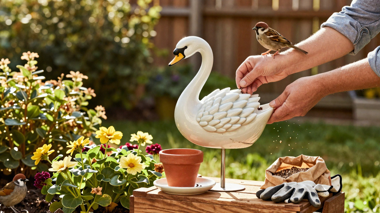 Pessoa alimentando pássaro sobre comedouro de cisne em jardim com flores e ferramentas de jardinagem.