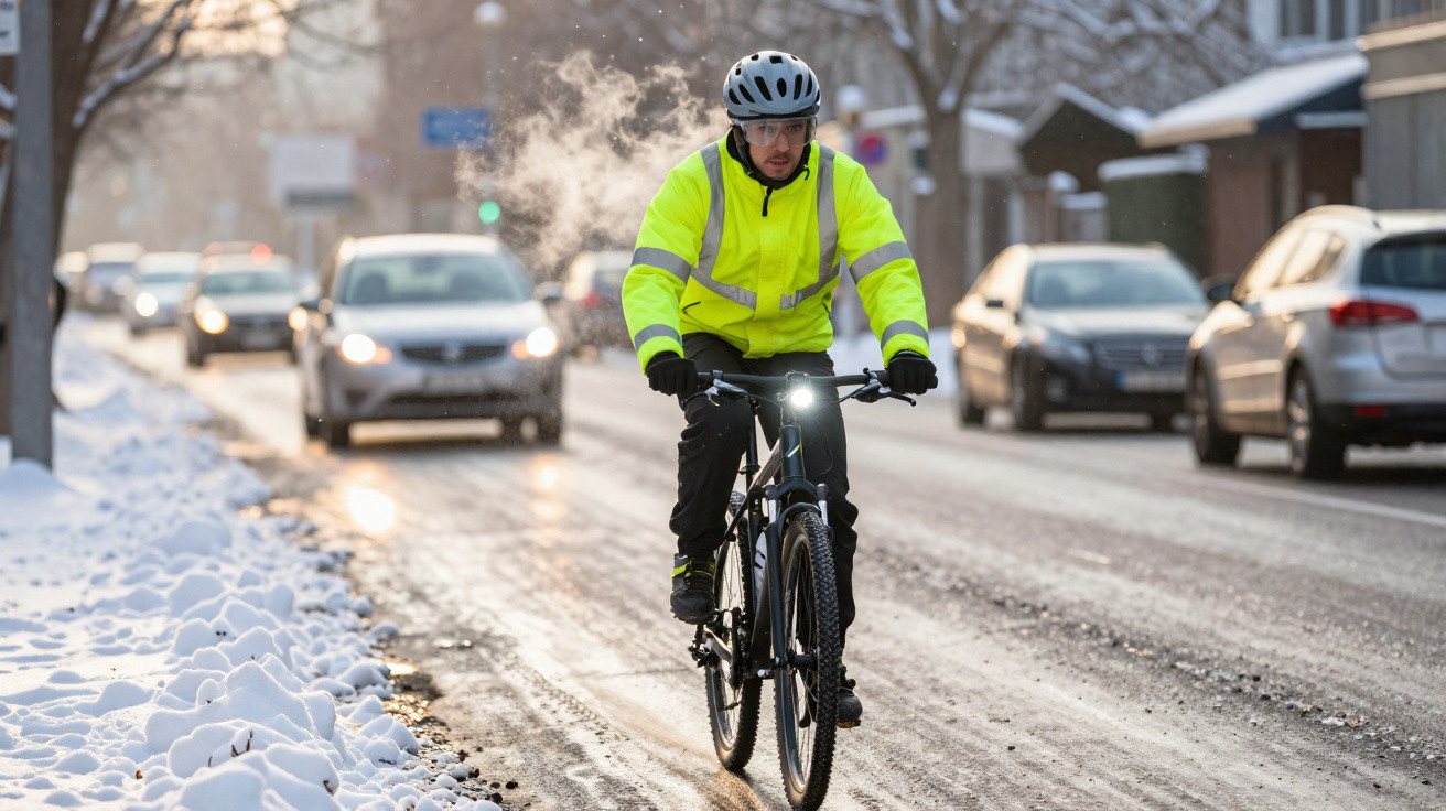 Homem com roupa amarela andando de bicicleta em rua com neve e carros ao fundo em dia frio.