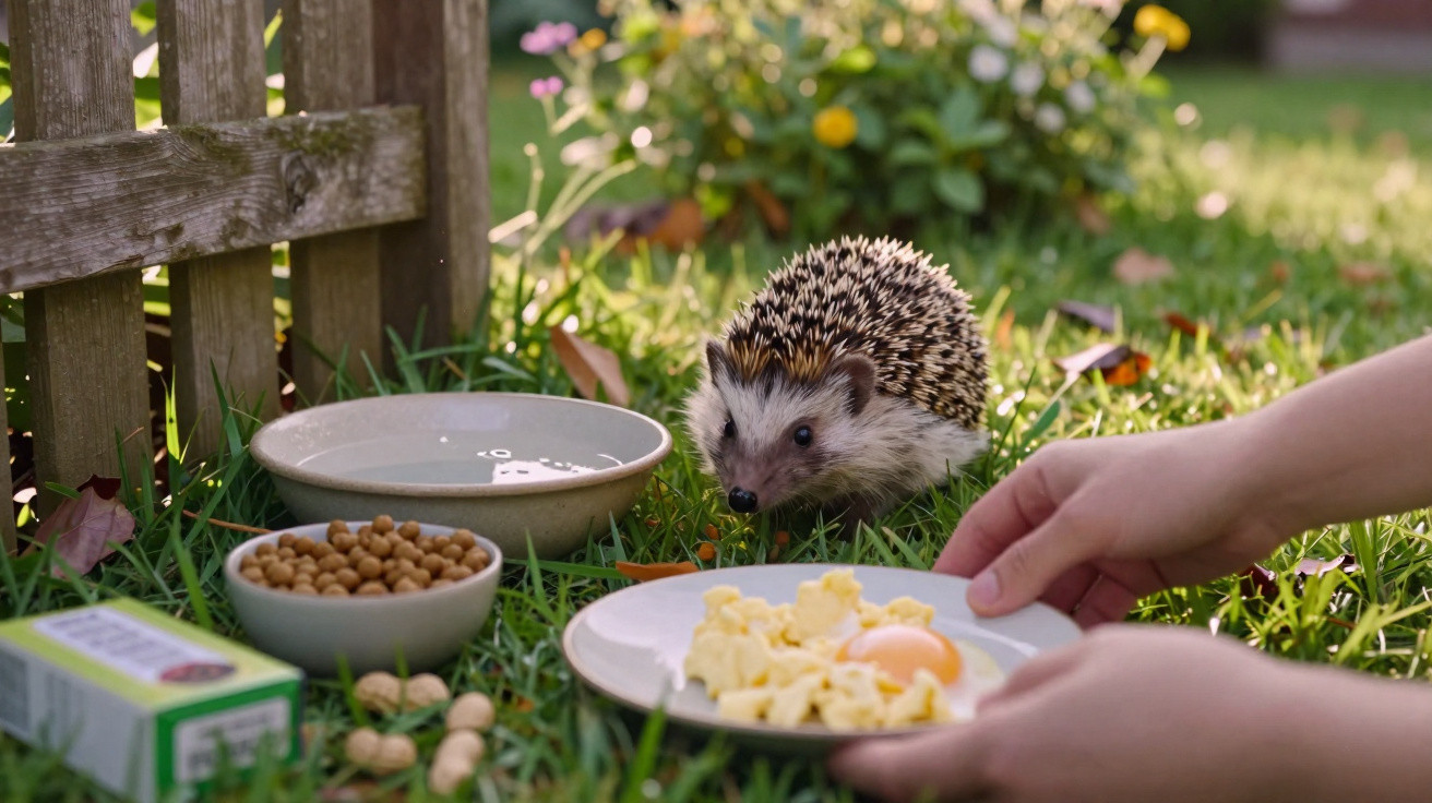 Porco-espinho perto de pratos com comida e mãos segurando um prato no gramado ao ar livre.