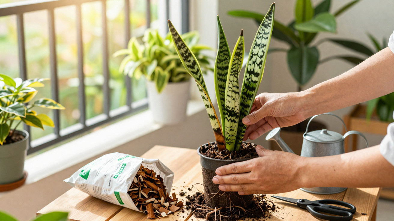 Mãos transplantando planta espada-de-são-jorge em vaso sobre mesa com terra e ferramentas de jardinagem.