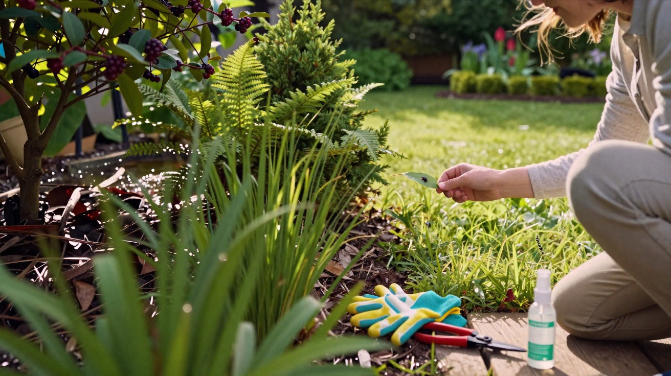 Pessoa cuidando de plantas em jardim com luvas, tesoura e spray ao lado em dia ensolarado.