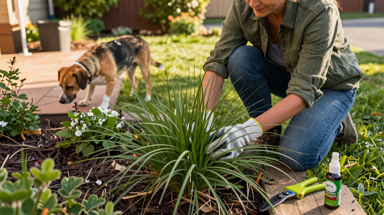 Pessoa cuidando do jardim com luvas, plantas ao redor e cachorro farejando próximo.