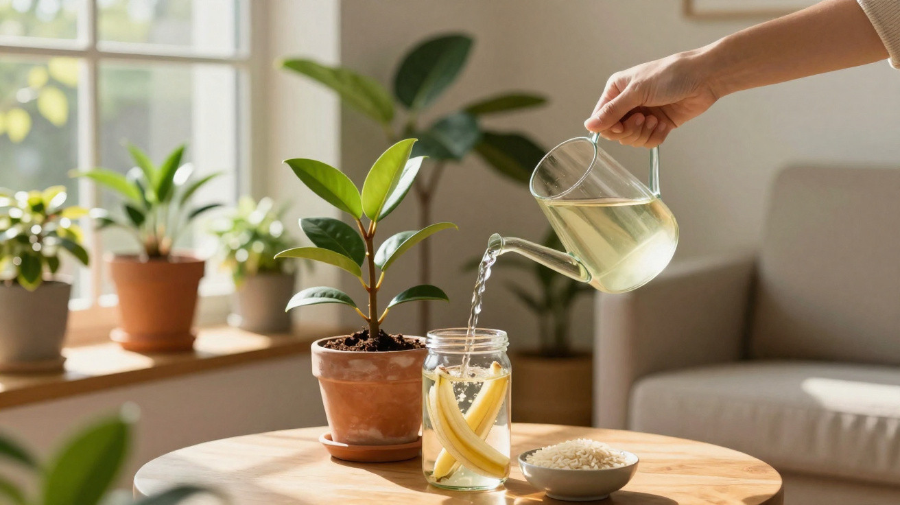 Pessoa regando planta em vaso ao lado de jarra com água e fatias de banana sobre mesa de madeira.