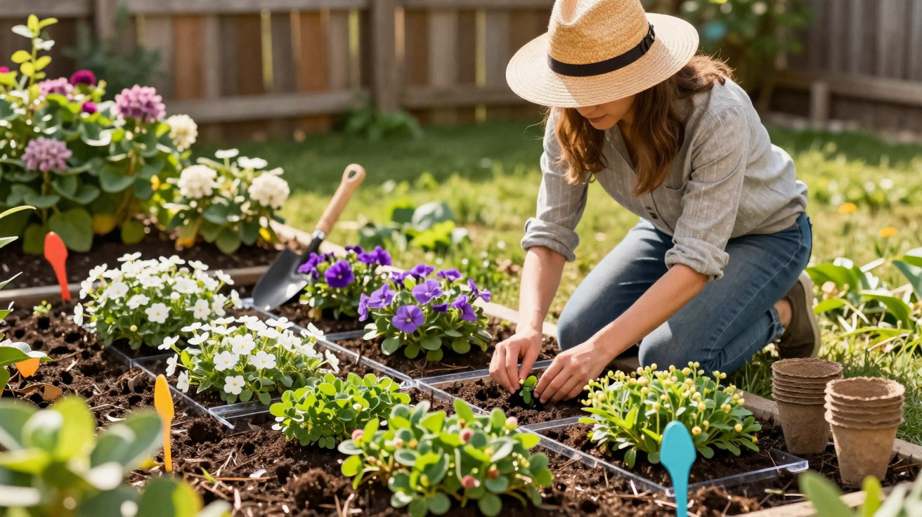 Mulher com chapéu plantando flores em canteiro de jardim em dia ensolarado.
