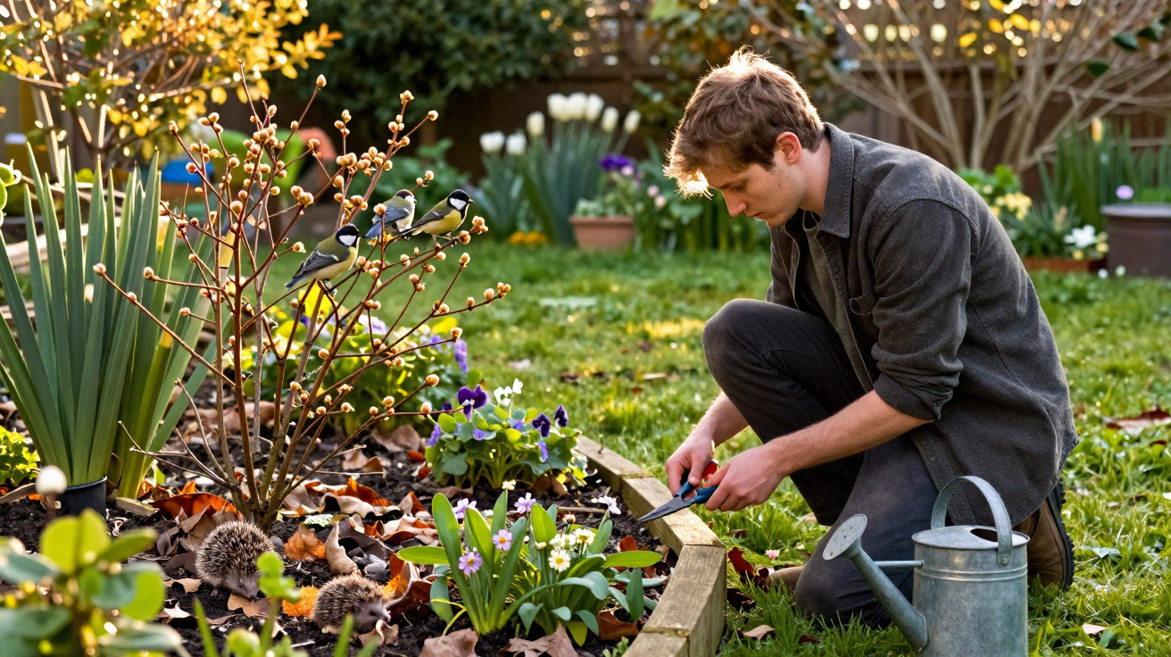 Homem cuidando de jardim com flores, pássaros e regador ao amanhecer.