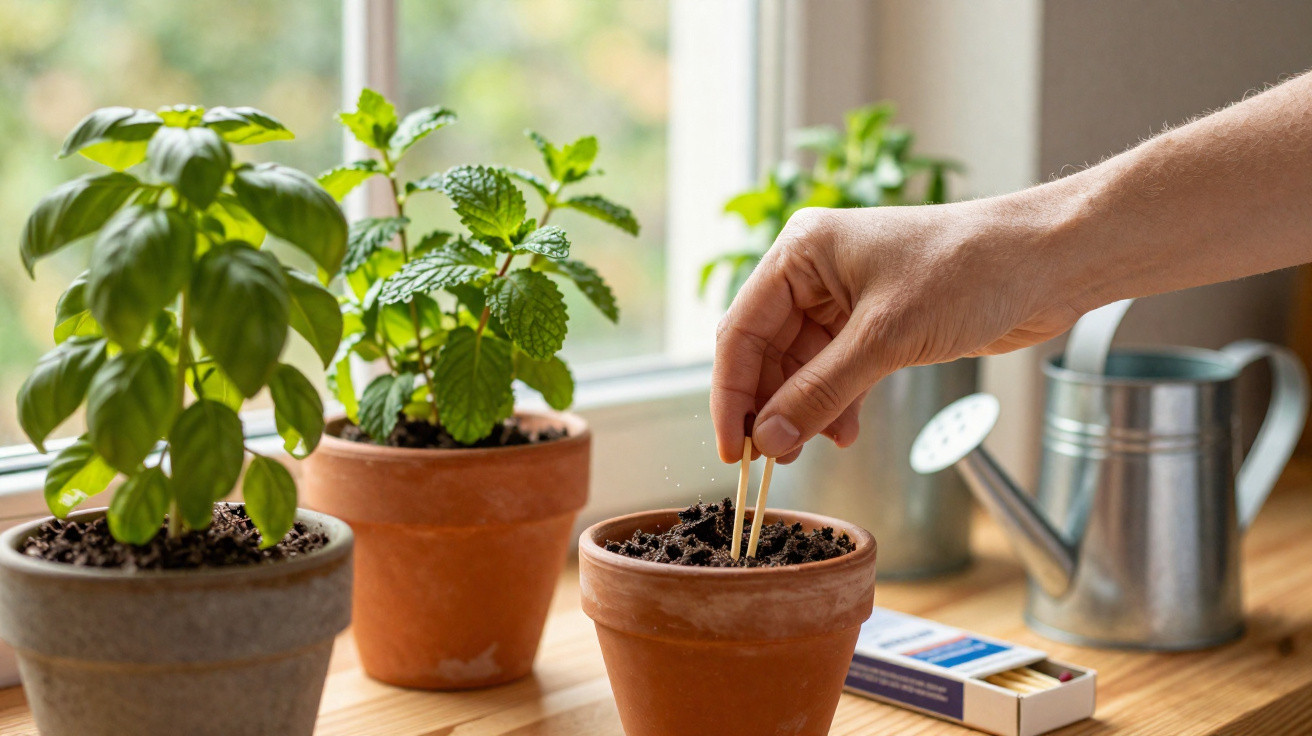 Mão plantando sementes em vaso de barro ao lado de outras plantas e regador em janela iluminada.