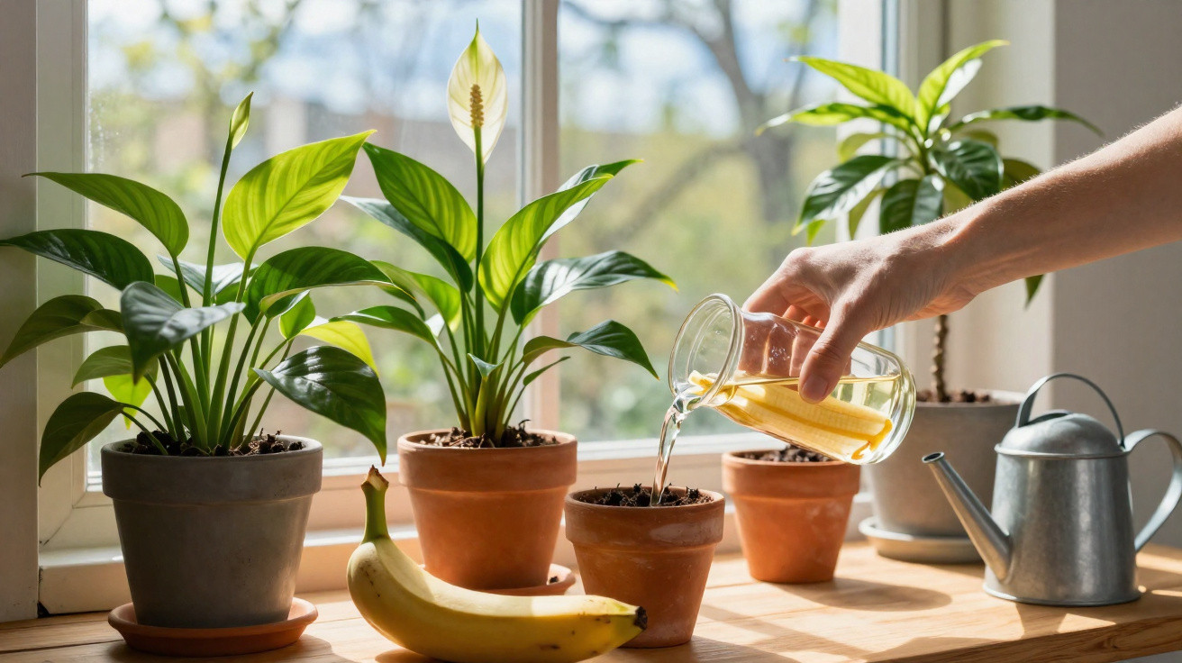 Mão regando planta em vaso pequeno na janela, com outras plantas e banana sobre a mesa de madeira.