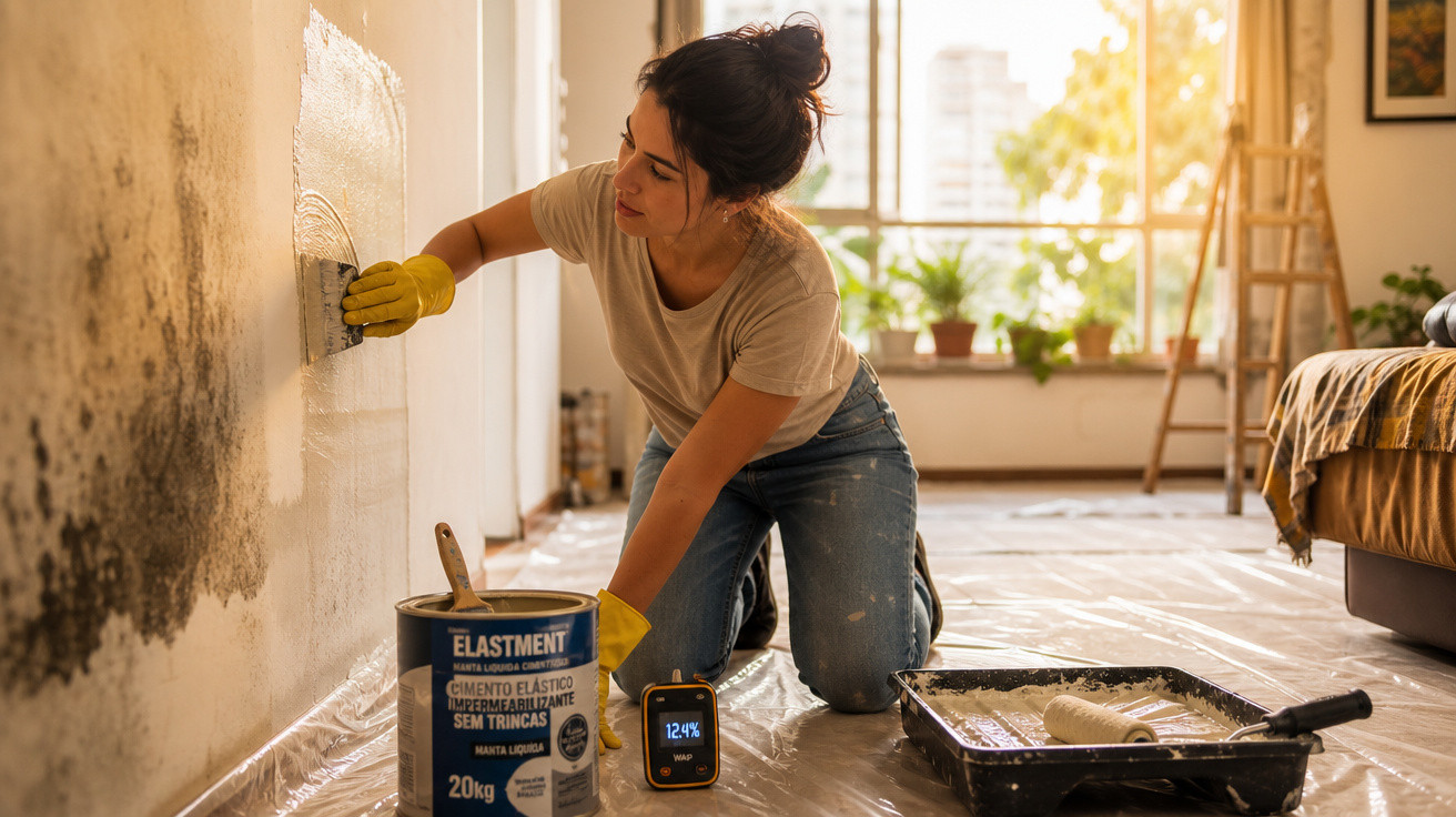 Mulher reparando parede com massa elástica, usando luvas e joelhando em plástico protetor.