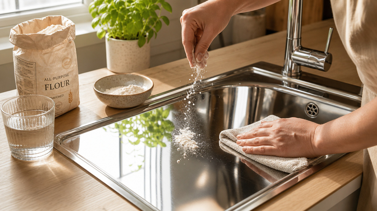 Mãos polvilhando farinha sobre pia de inox enquanto limpam com pano em cozinha iluminada.