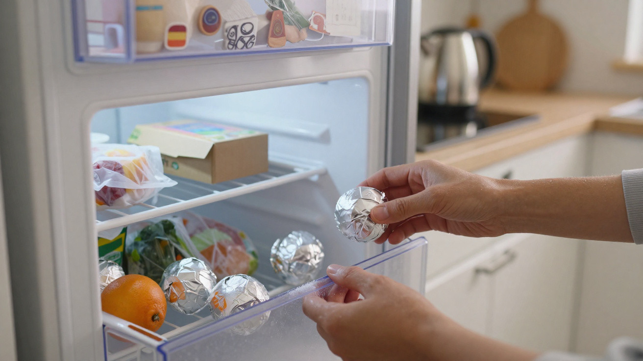 Mãos femininas guardando frutas cobertas com papel alumínio na geladeira em cozinha moderna.