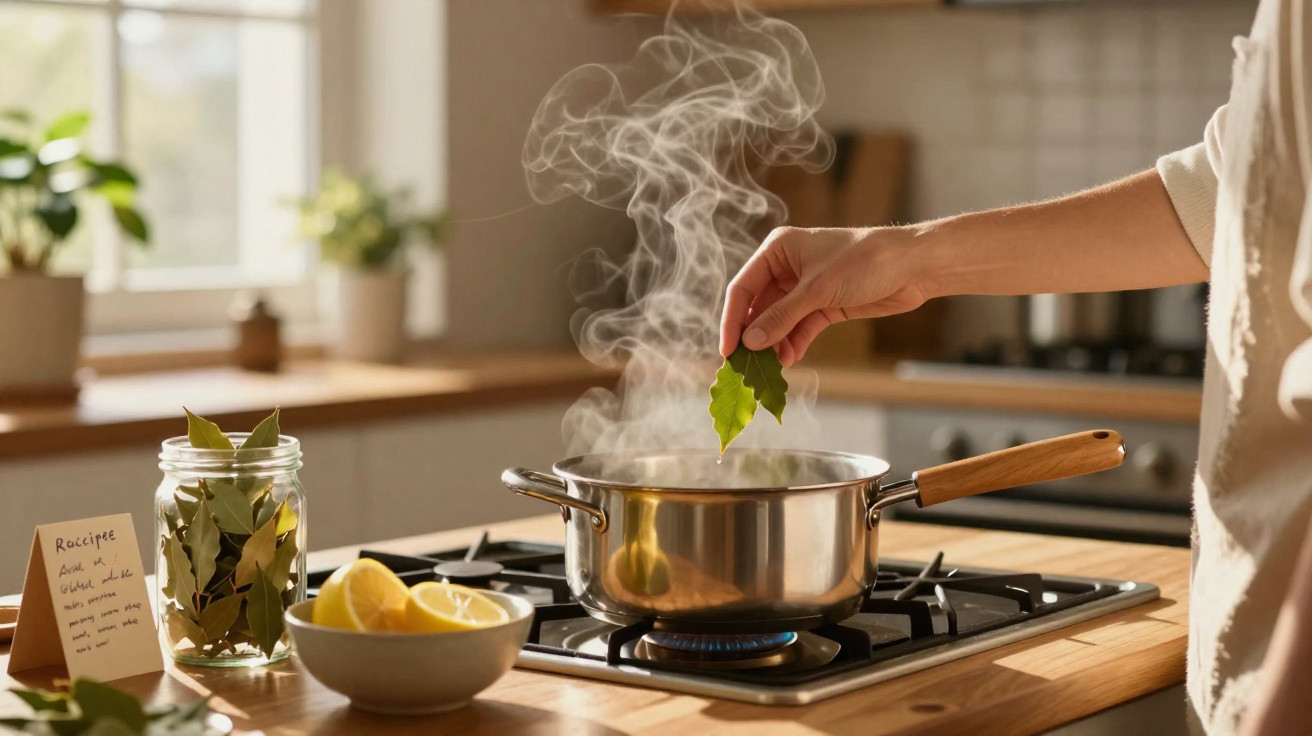 Pessoa colocando folhas em panela com vapor no fogão em cozinha iluminada e decorada com plantas.