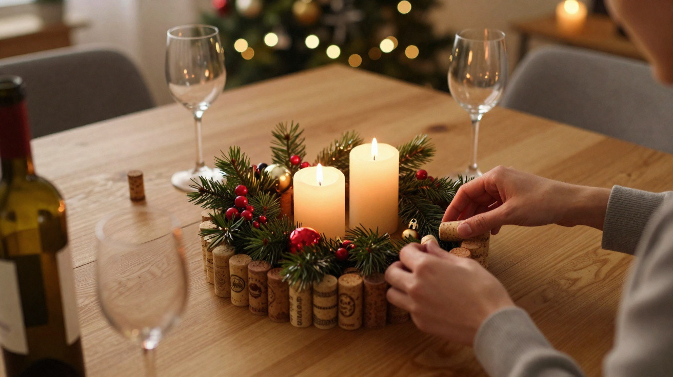 Mãos decorando centro de mesa natalino com velas acesas, rolhas de vinho e enfeites vermelhos e verdes.