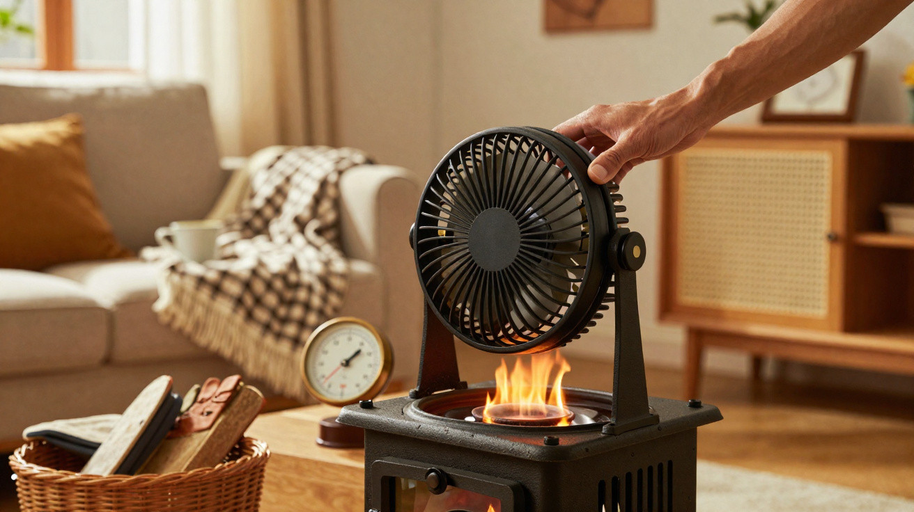 Pessoa ajusta ventilador em aquecedor a lenha em sala de estar aconchegante.