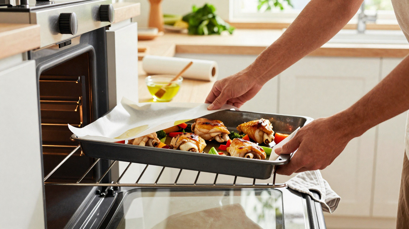 Pessoa colocando assadeira com frango e legumes no forno em cozinha iluminada.