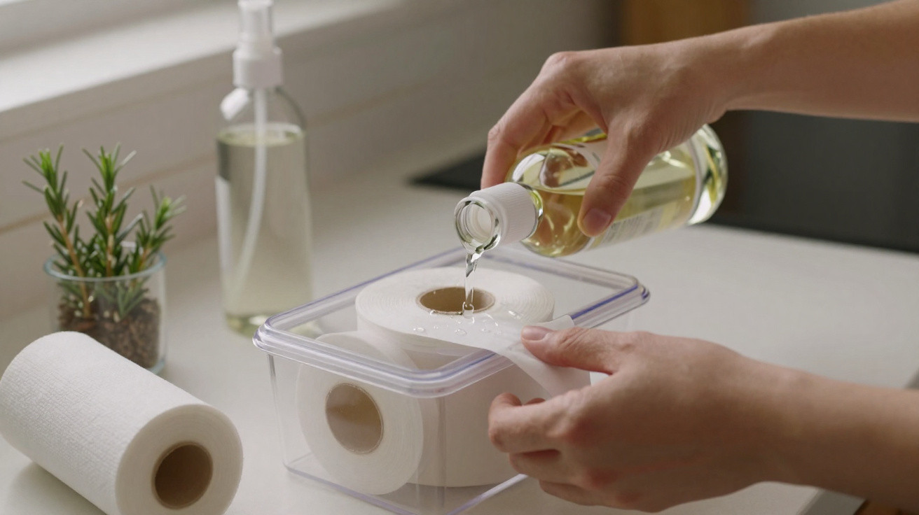 Pessoa despejando álcool em um rolo de papel higiênico dentro de um recipiente plástico transparente na bancada.