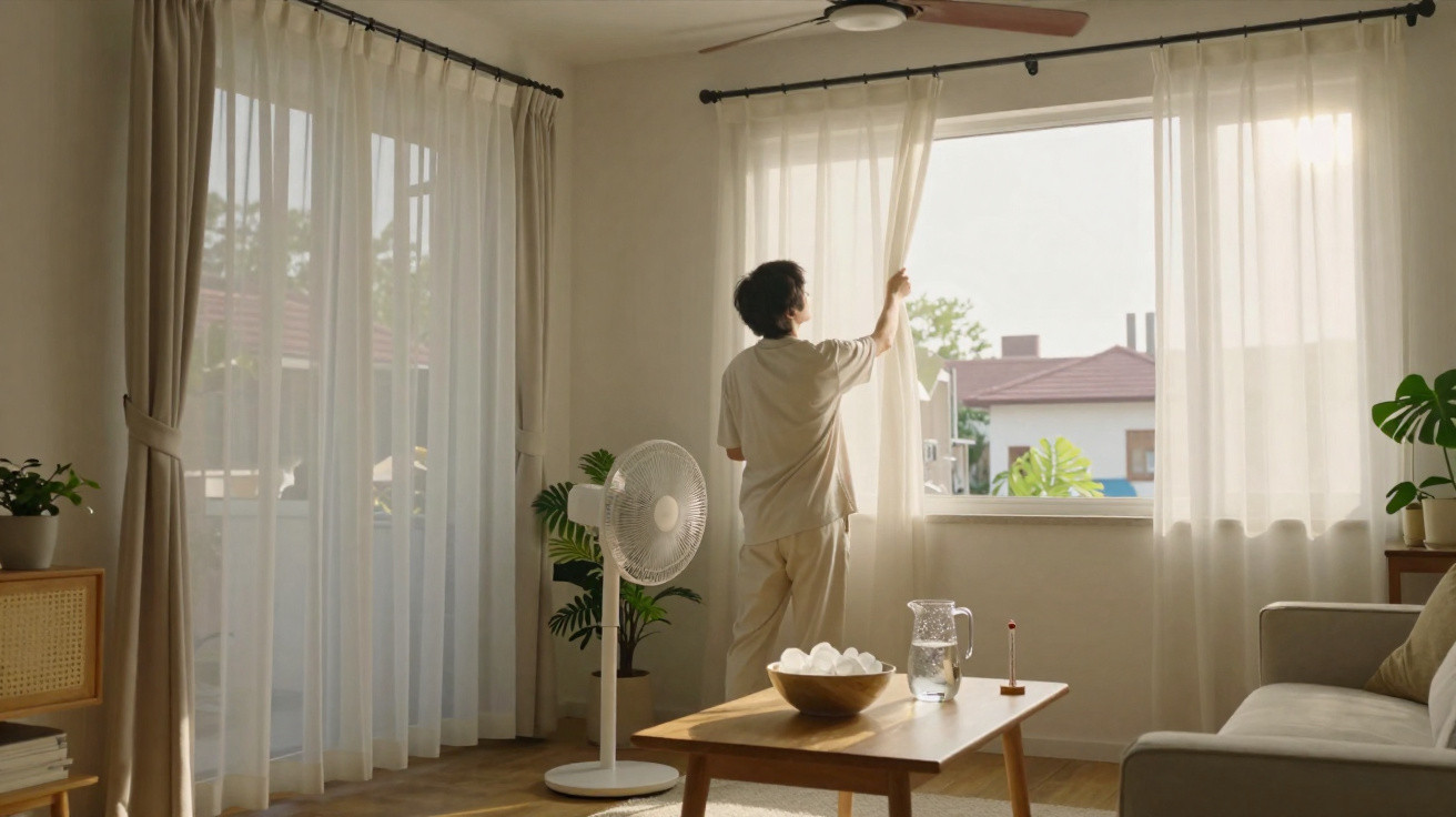 Pessoa abrindo cortina em sala de estar com móveis claros, ventilador e planta em vaso.
