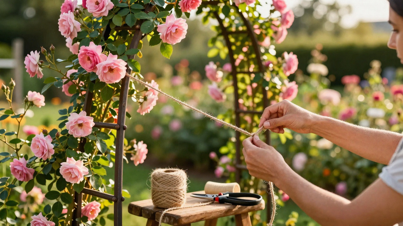 Pessoa cuidando de rosas cor-de-rosa em jardim ensolarado com corda e tesoura sobre banco de madeira.