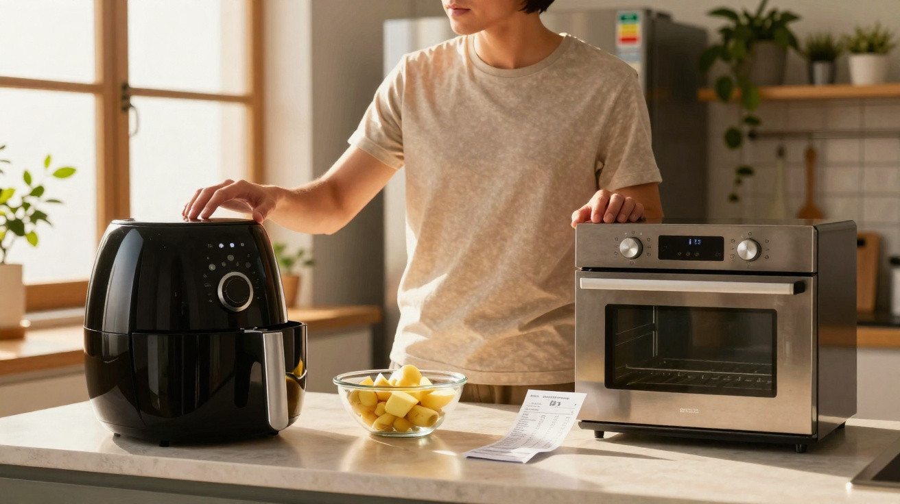 Pessoa usando uma airfryer preta ao lado de forno elétrico com uma tigela de batatas na bancada da cozinha.
