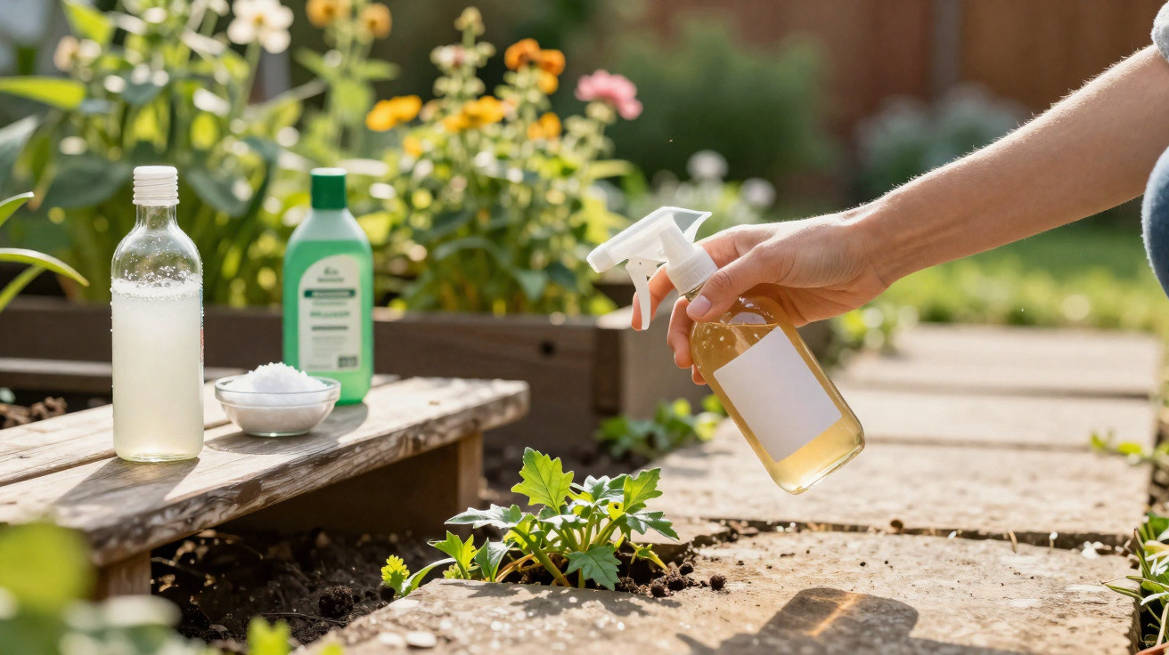 Mão pulverizando planta com spray caseiro em jardim, ao lado de frascos e sal em tigela.