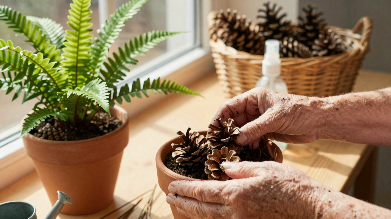 Mãos de idoso colocando pinhas em vaso de planta perto da janela com samambaia e cesta ao fundo.