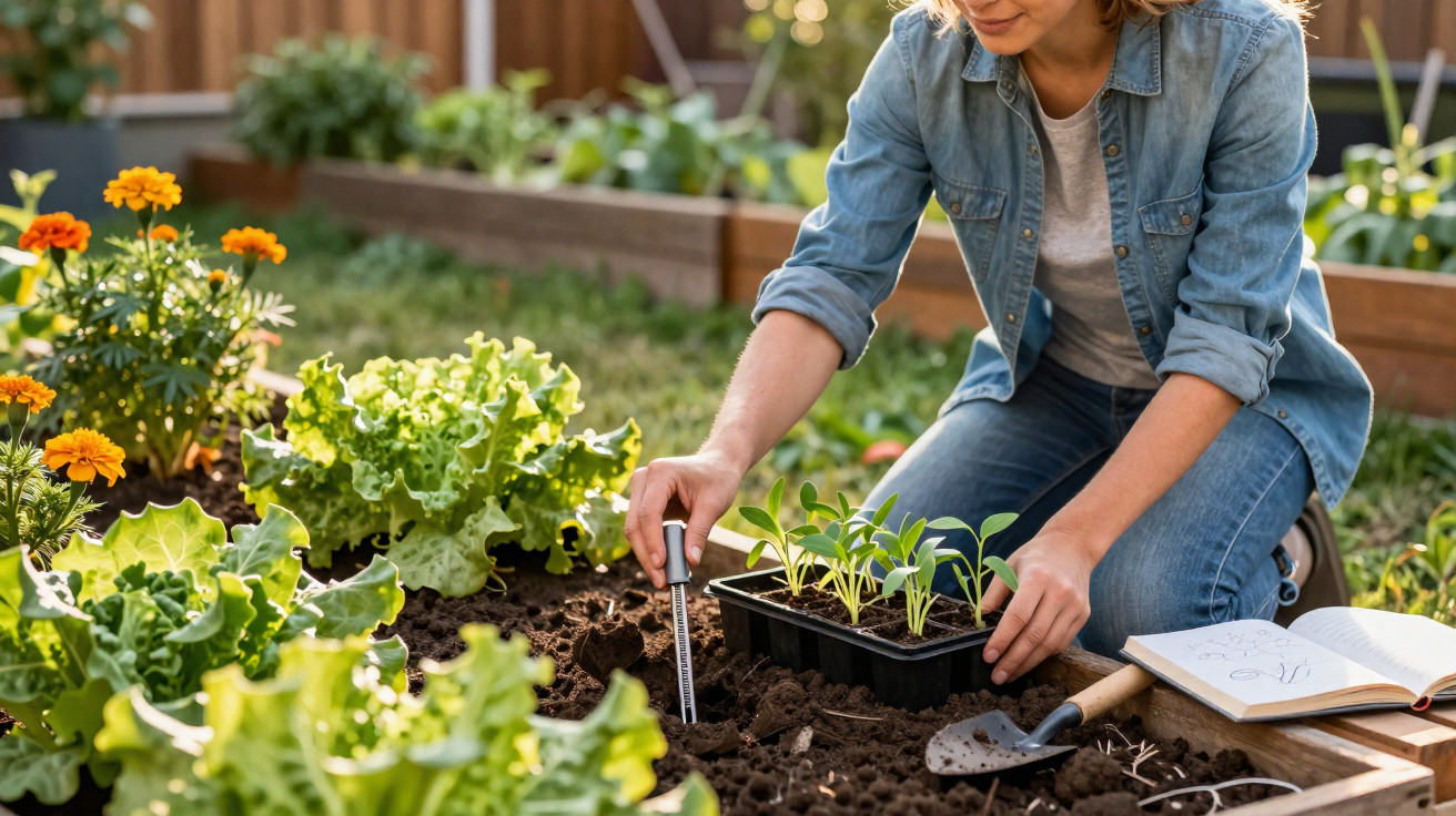Pessoa plantando mudas em jardim com diversas plantas e flores ao redor em canteiro elevado.