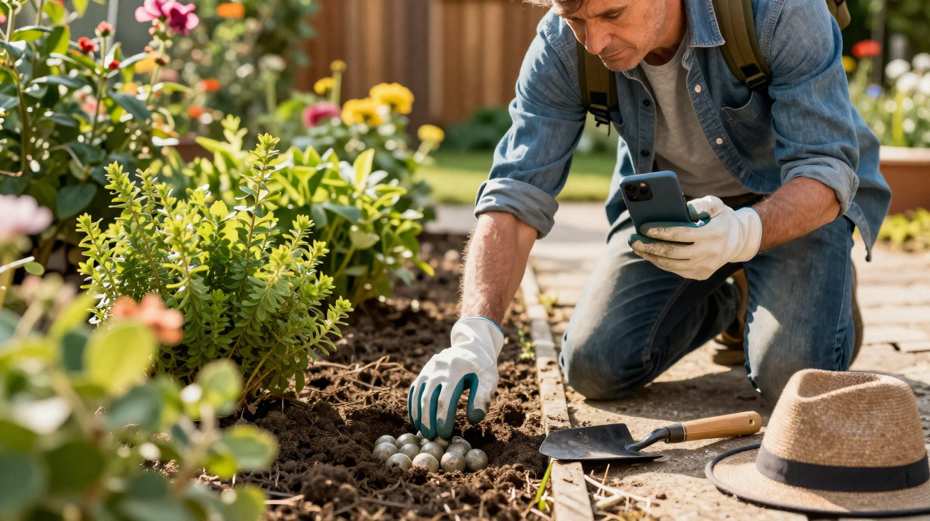 Homem plantando bulbos de flores no jardim usando luvas e segurando celular, ao lado chapéu e enxada.
