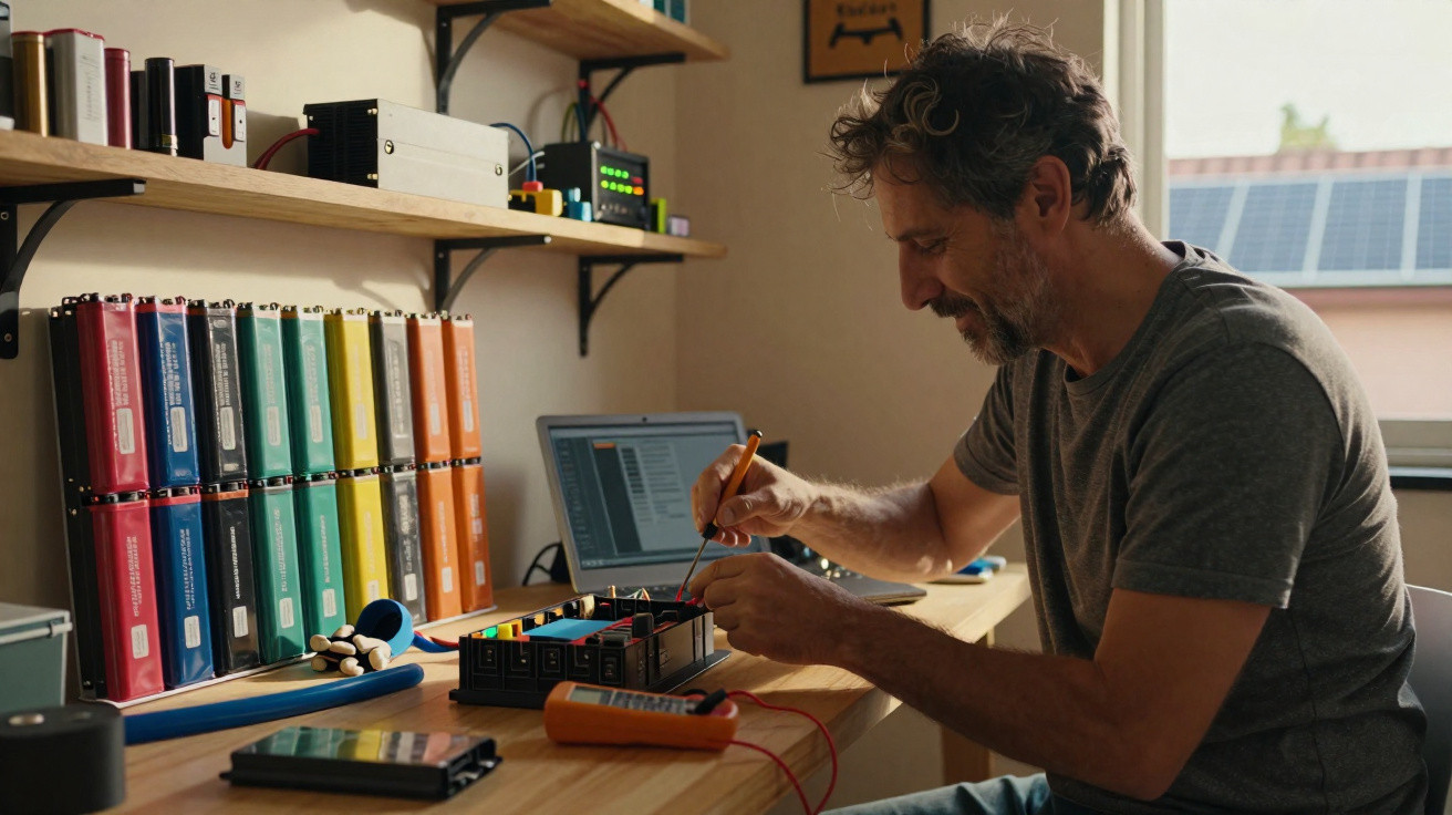 Homem trabalhando com equipamentos eletrônicos em bancada com laptop e pastas coloridas ao fundo.