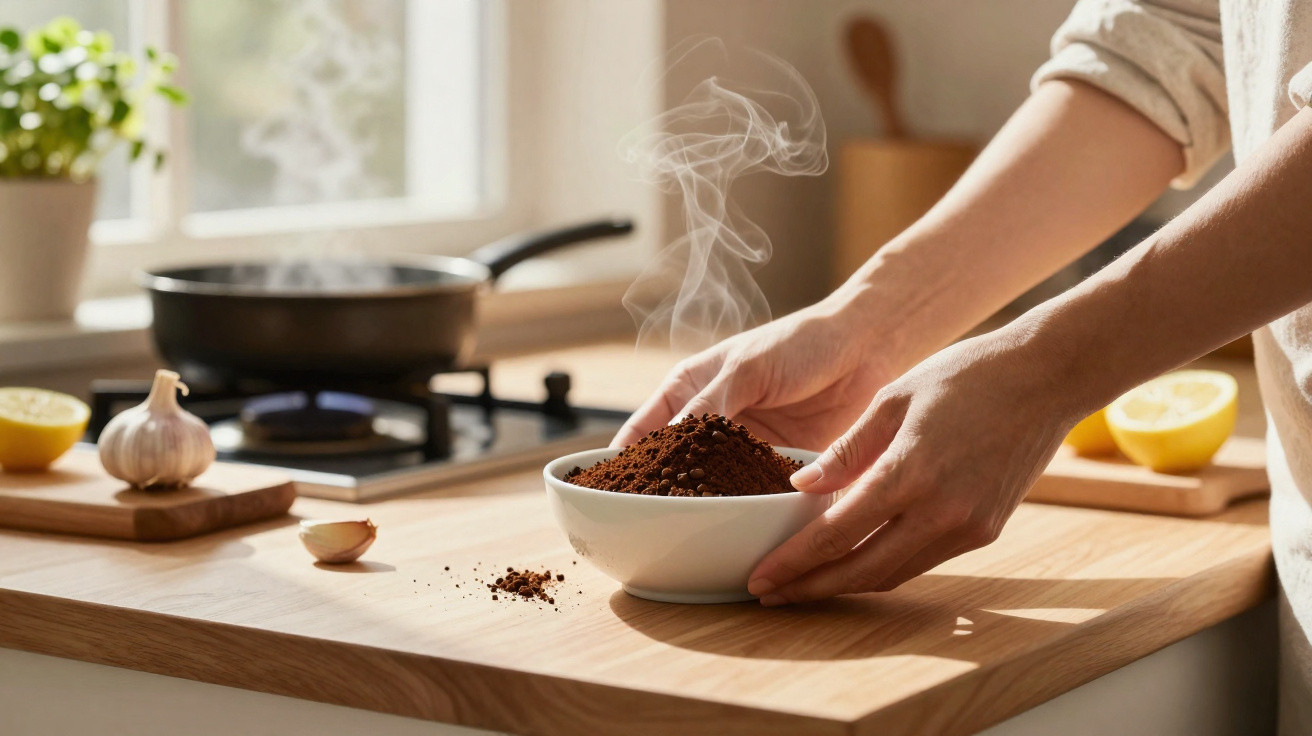 Mãos segurando tigela com café moído fumegante sobre bancada de cozinha iluminada.
