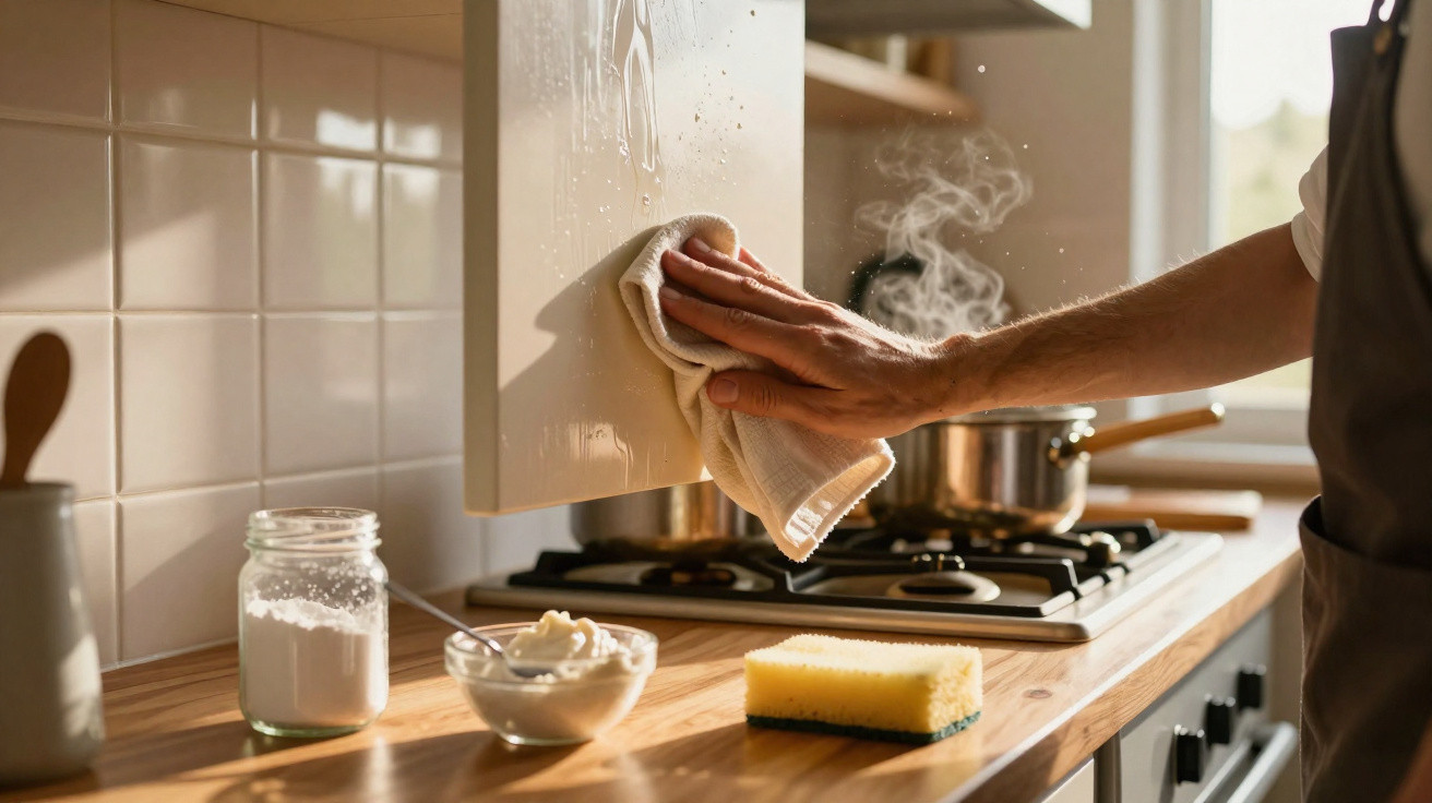 Pessoa limpando armário branco na cozinha com pano, panela no fogão soltando vapor e utensílios no balcão.