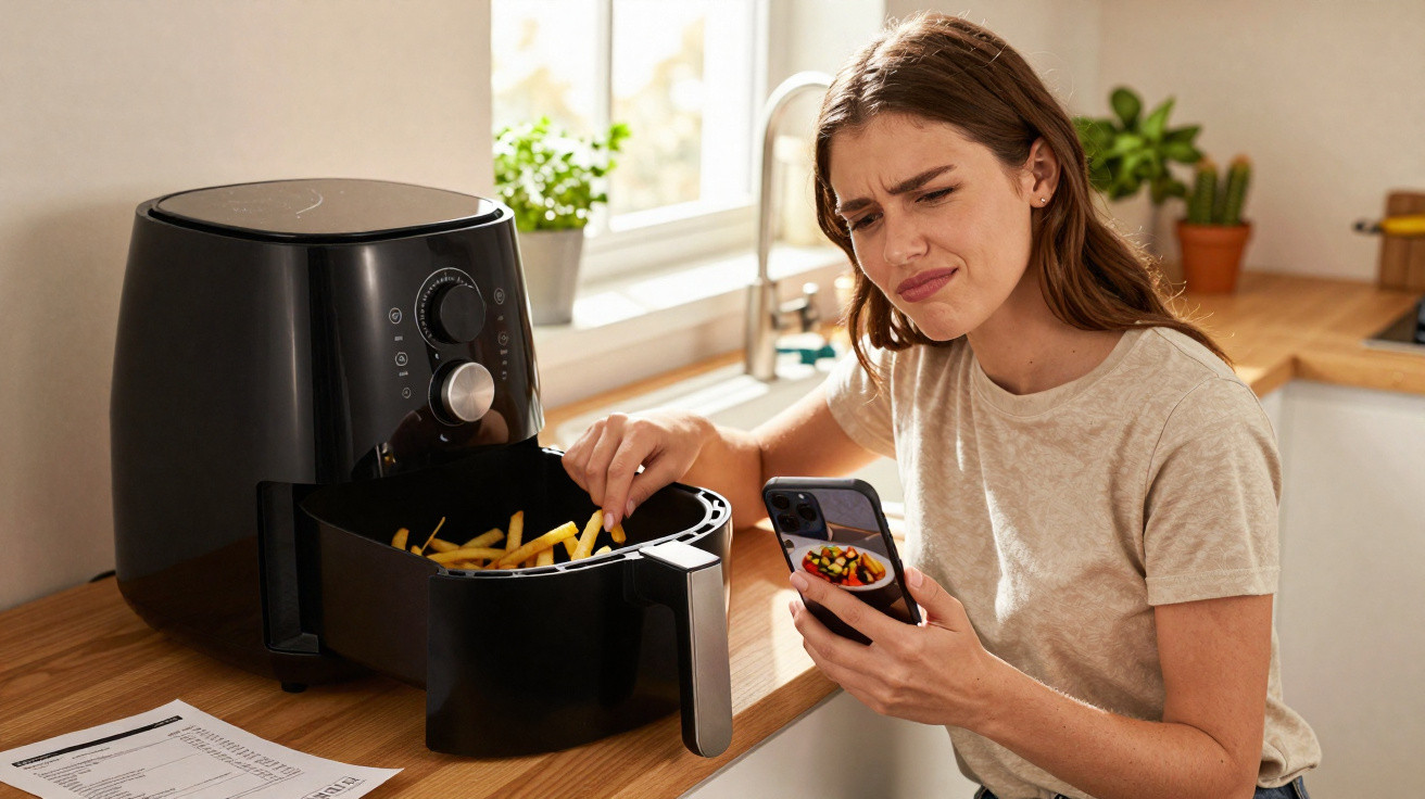 Mulher com expressão de dúvida tirando batatas fritas de fritadeira elétrica enquanto segura smartphone na cozinha.
