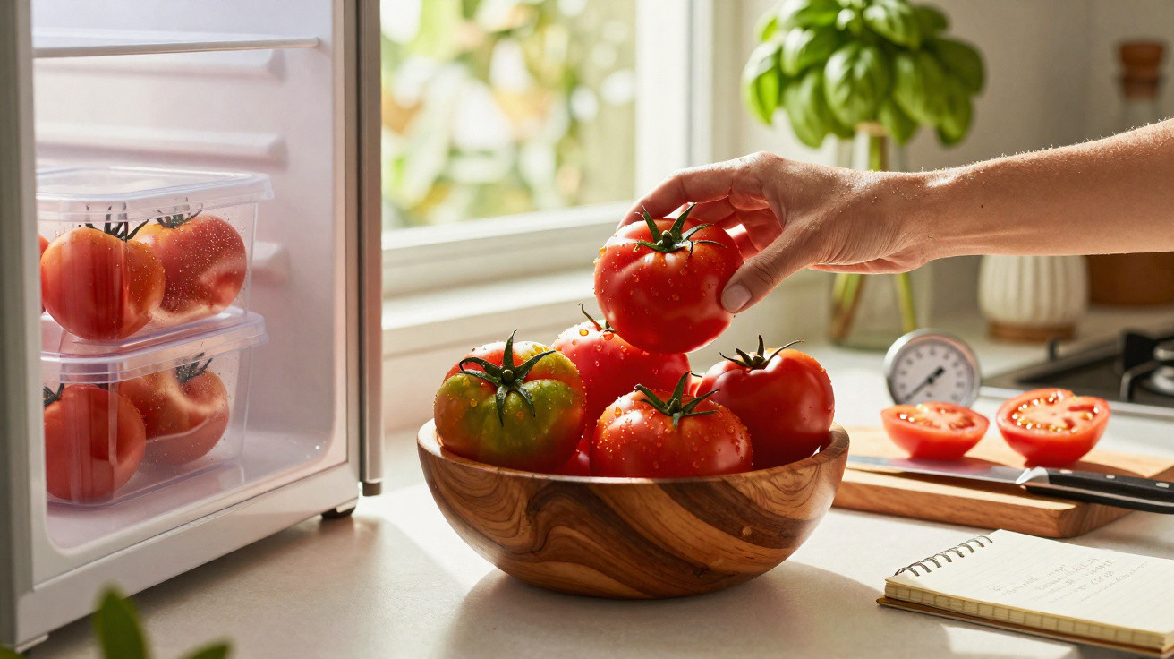 Mão pegando tomate vermelho em tigela de madeira na cozinha iluminada, com tomates em potes na geladeira.