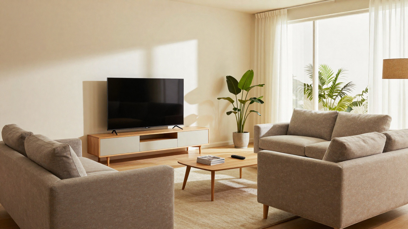 Sala de estar com dois sofás bege, mesa de centro, TV em rack e plantas ao lado de janela iluminada.