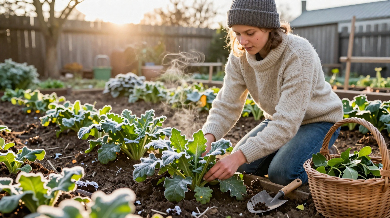 Jovem colhendo hortaliças com geada na plantação ao amanhecer, vestindo suéter e gorro.