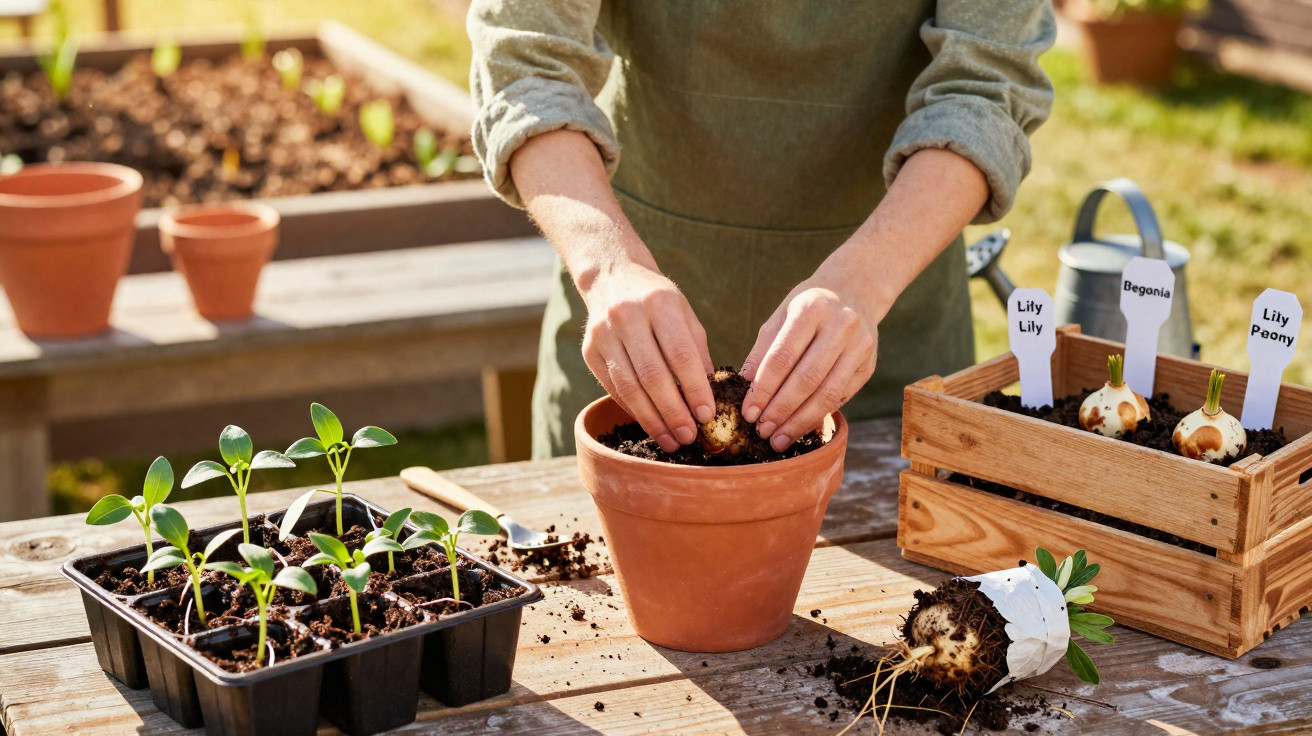 Pessoa plantando bulbo em vaso de barro com mudas e caixas de sementes sobre mesa de madeira.