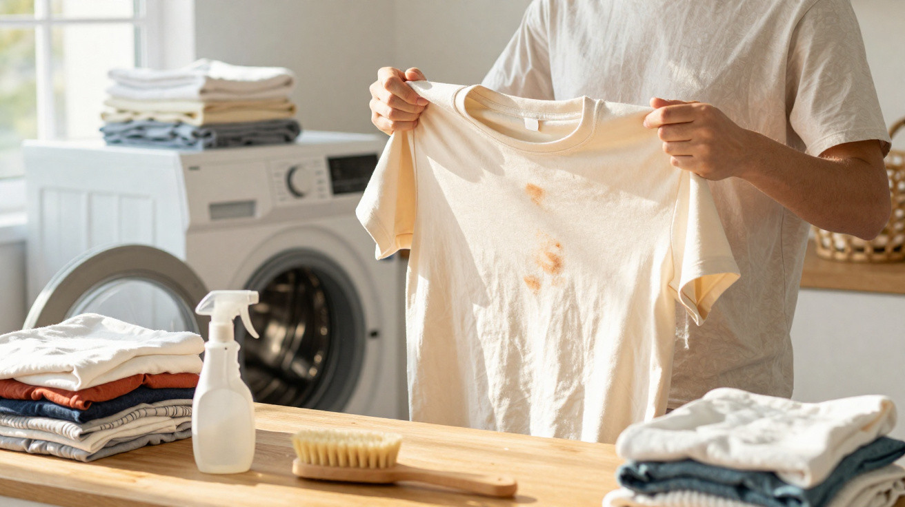 Pessoa segurando camiseta branca com manchas, ao lado de máquina de lavar e produtos de limpeza.