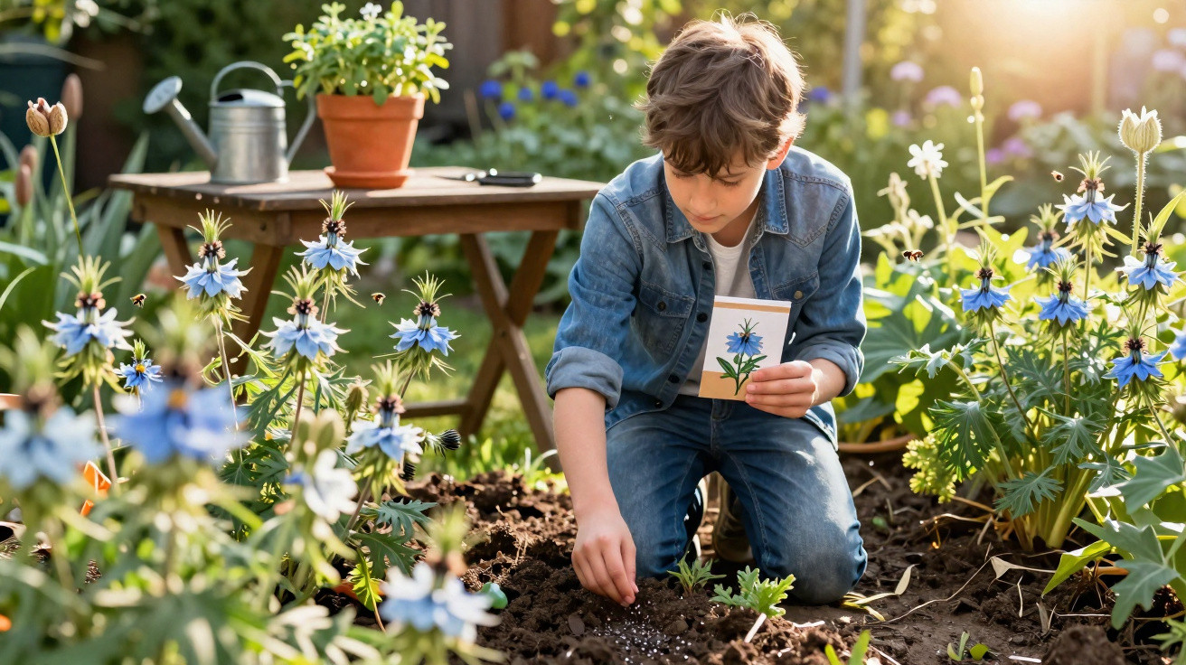 Menino plantando sementes em jardim florido com cartão ilustrativo em mãos durante o dia ensolarado.