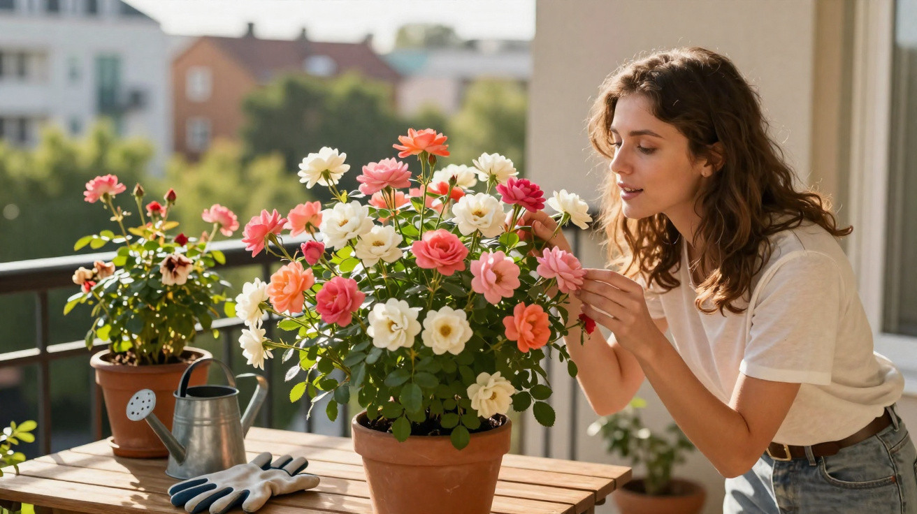 Mulher cuidando de flores coloridas em vaso no terraço ensolarado de casa.