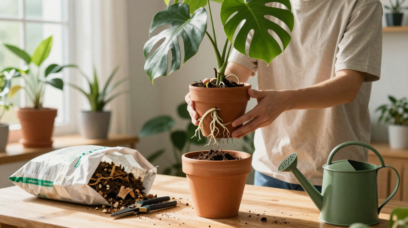 Pessoa transplantando planta Monstera em vaso de barro em ambiente interno iluminado por luz natural.