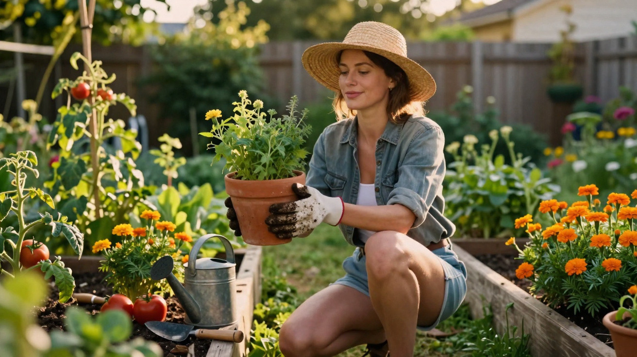 Mulher com chapéu cuidando de plantas em vasos num jardim com flores e tomates ao redor.