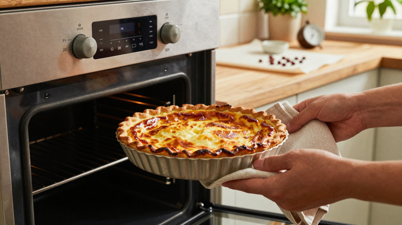 Pessoa retirando torta assada com crosta dourada de forno doméstico na cozinha.