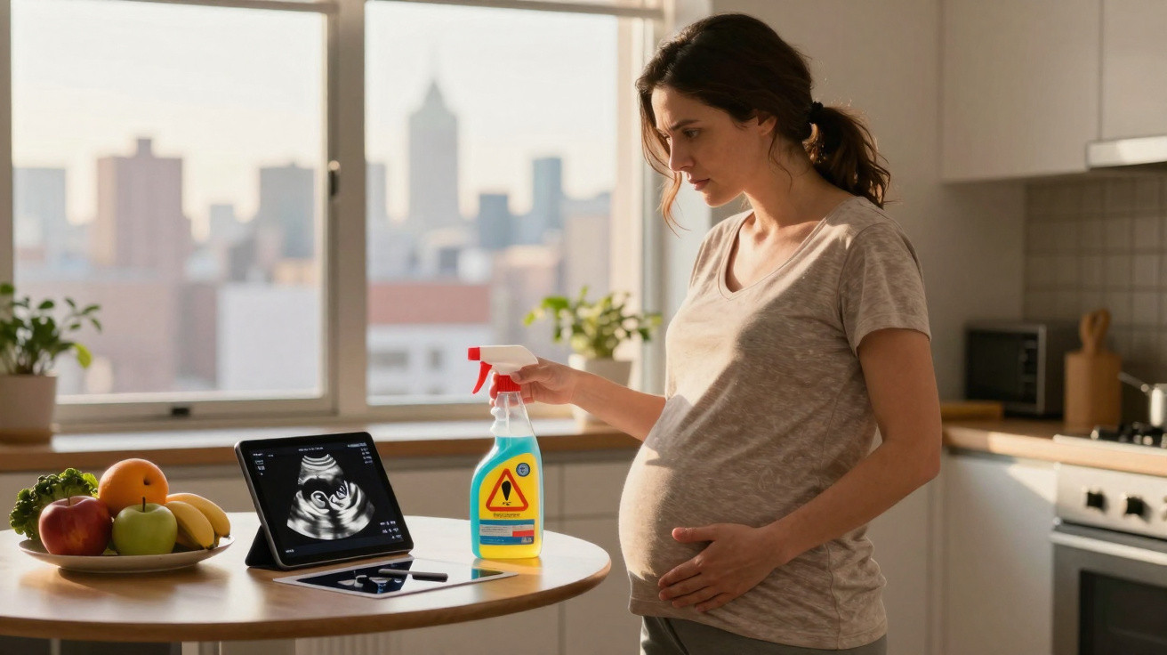 Mulher grávida segurando produto de limpeza, olhando para ultrassom em tablet na cozinha.