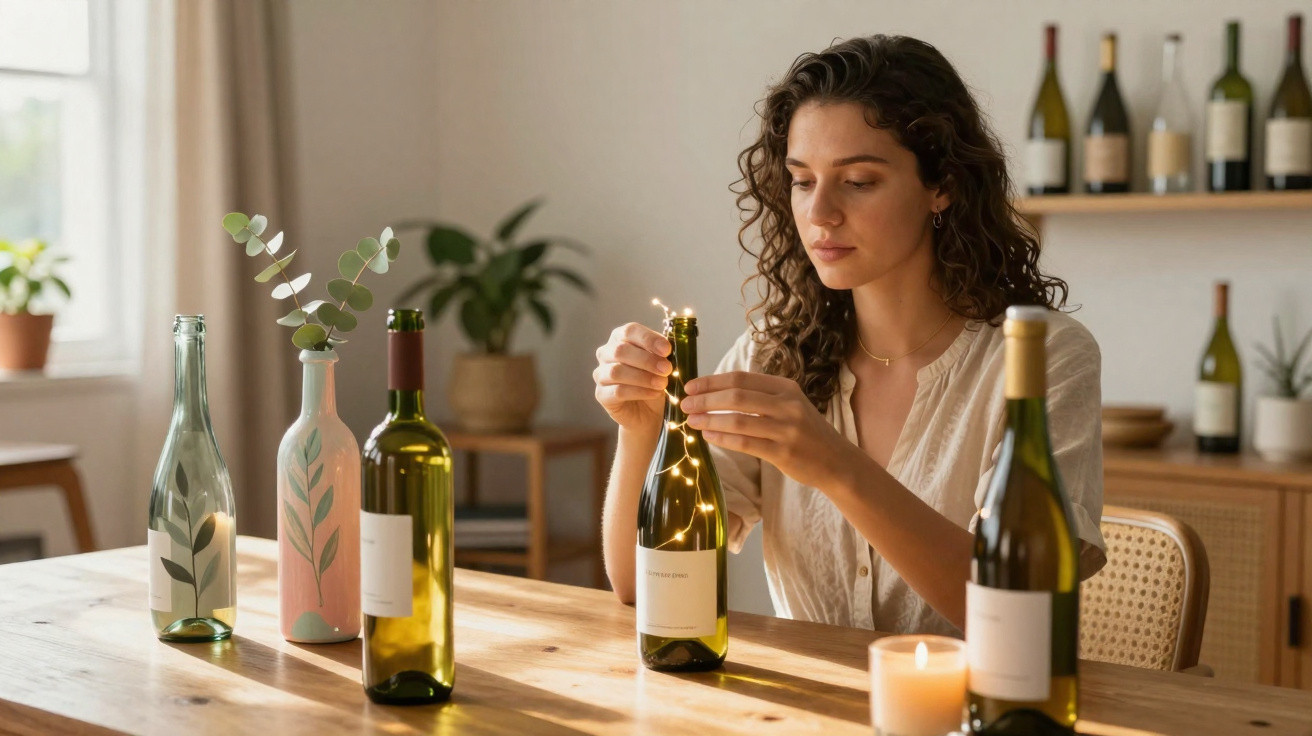 Mulher decorando garrafa de vinho com luzes em mesa de madeira em cozinha aconchegante.