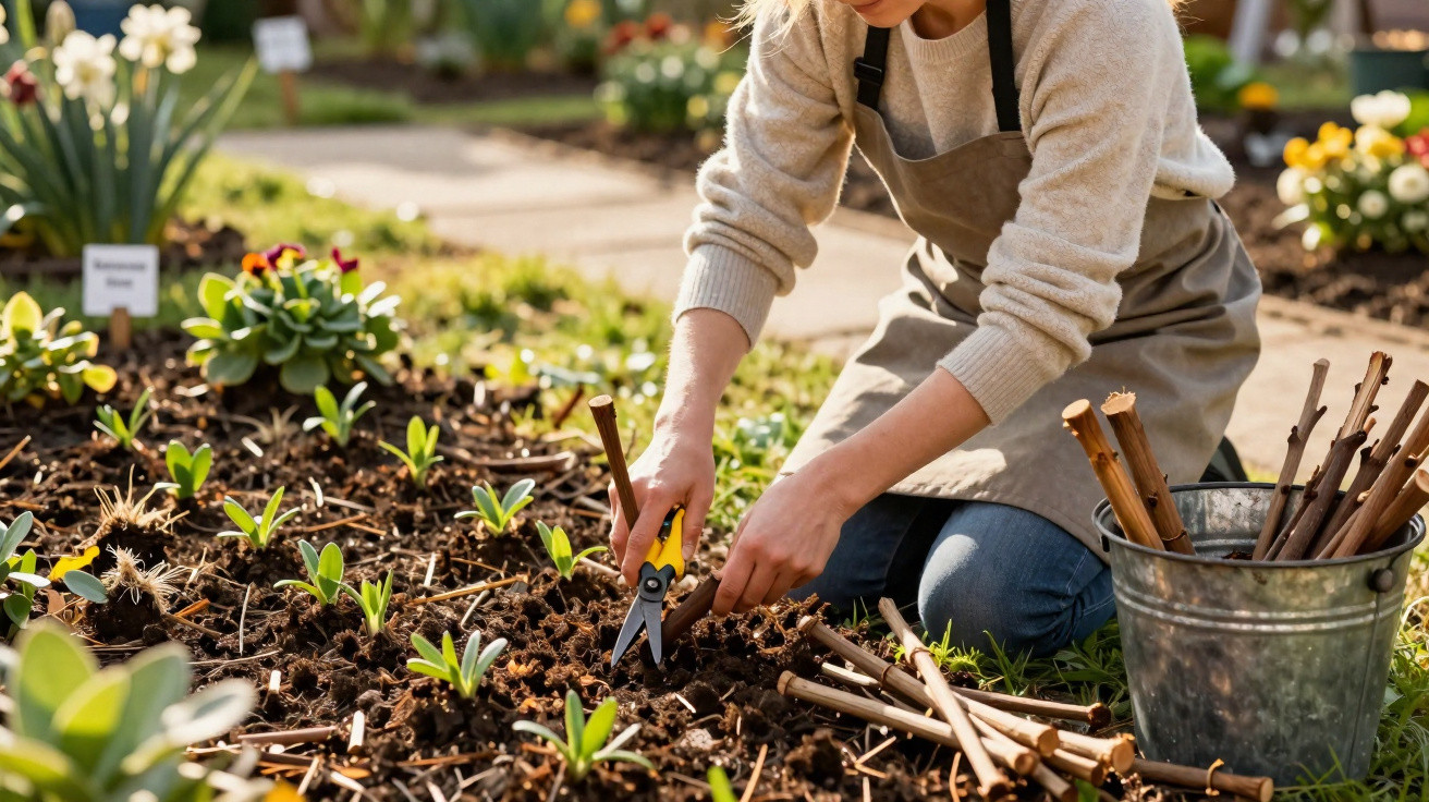 Pessoa podando plantas jovens em canteiro com tesoura de jardinagem e balde metálico com galhos.